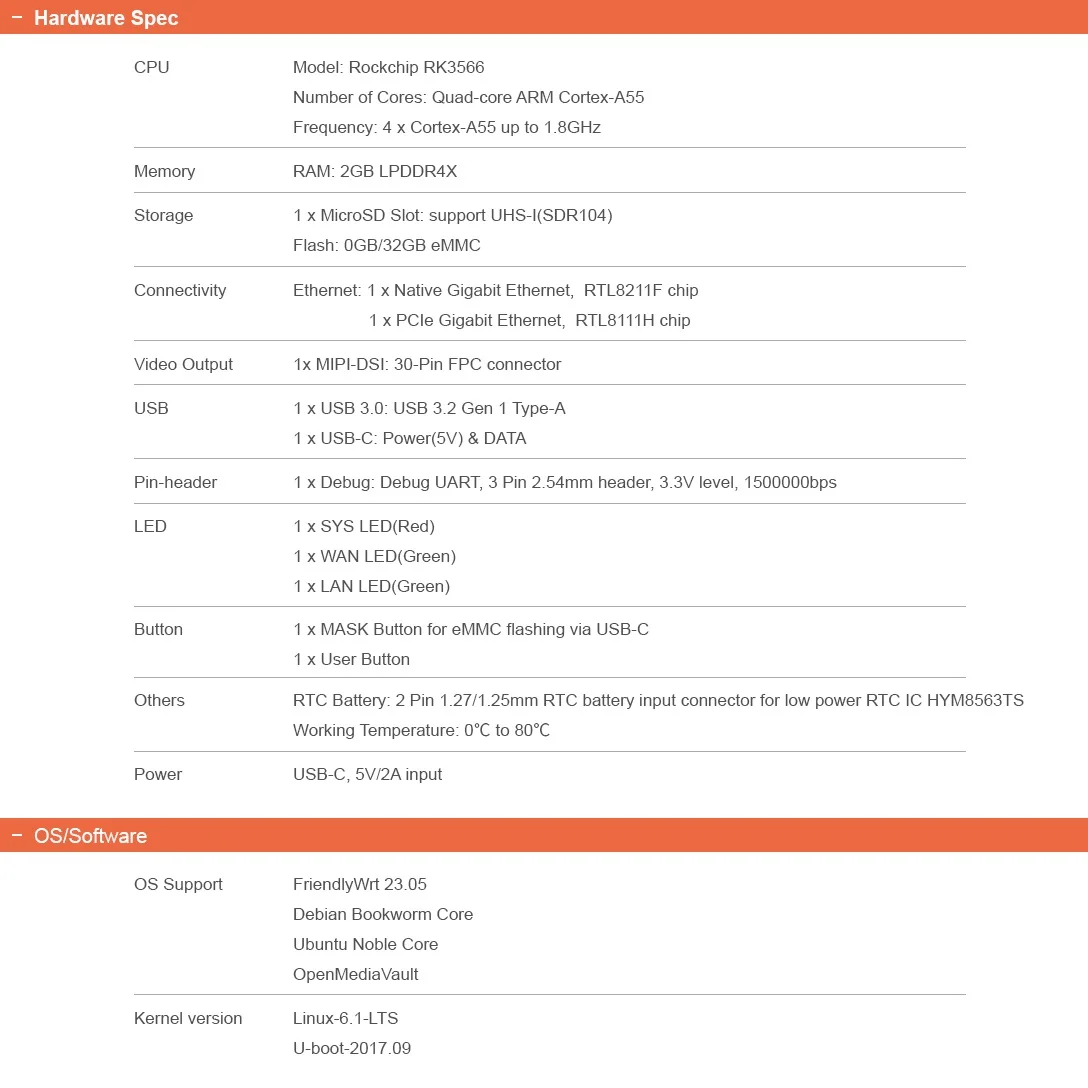 NanoPi R3S LTS & Combo 2GB LPDDR4X RAM & 0GB/32GB eMMc, RK3566, Quad Cortex-A55, Duoble GMB LAN, Rockchip OpenWRT, U-boot, Ubuntu-Core single board computer