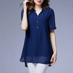 Fashion Solid Color All-match Midi Shirt Elegant V-Neck Button Office Lady Short Sleeve Female Summer Casual Loose Split Blouse