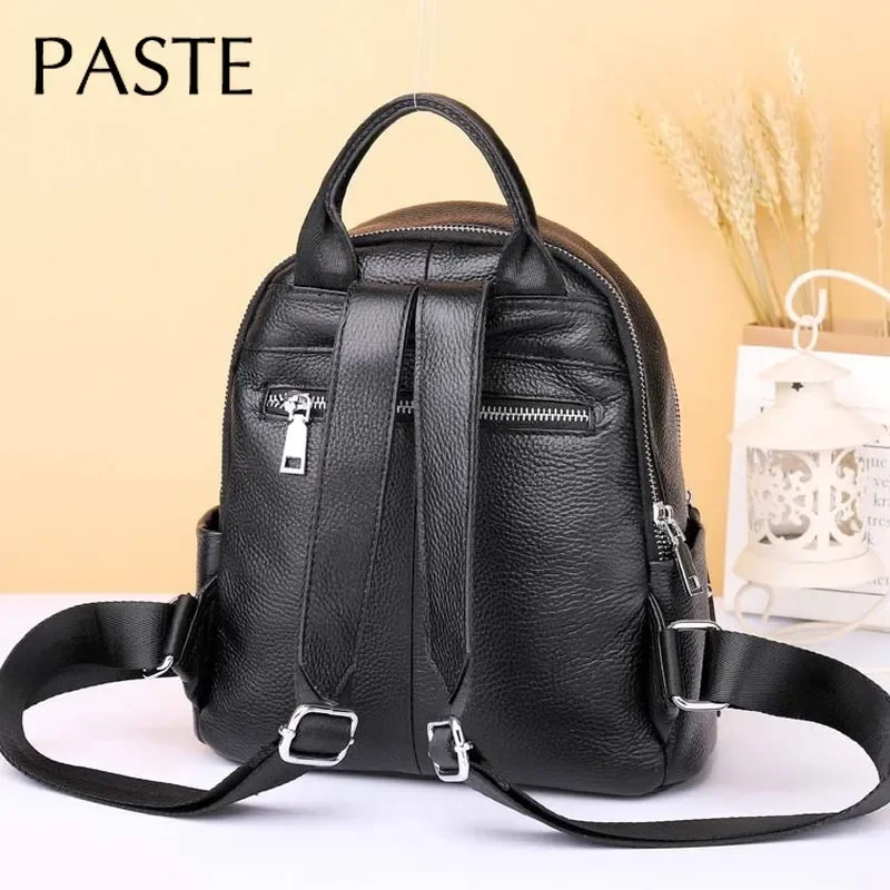 100% Genuine Leather Women Backpack Black Daily Casual Travel Bag for Lady Small Beach Knapsack High Quality Students Schoolbag 4