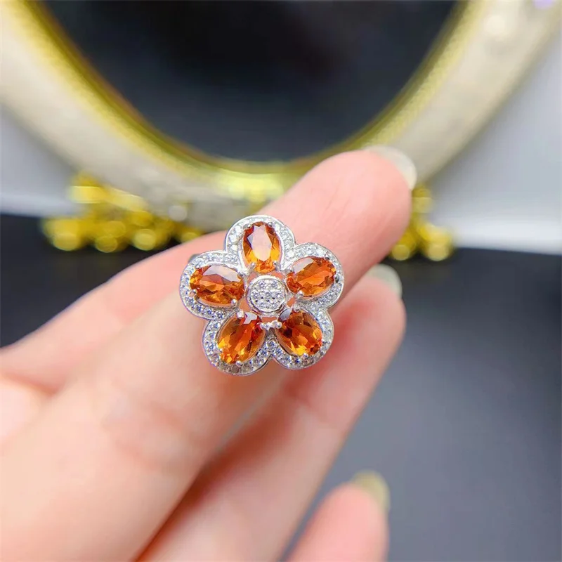 

Natural Citrine Ring 925 Sterling Silver Flower Shape Ring for Women Gemstone with Certificate