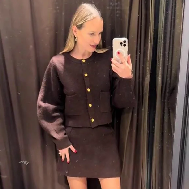 Elegant Brown Skirt Suits Knitted O-Neck Long Sleeve Metal Button Cardigan High Waist A-line Mini Skirts 2025 Spring Lady Outfit