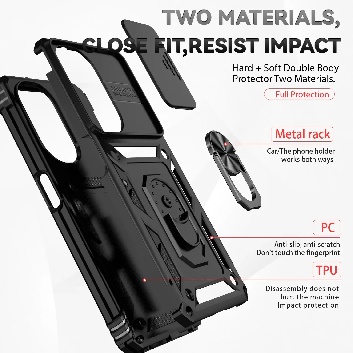 Armor Shockproof Phone Case with Metal Ring Holder and Slide Camera Lens Protector