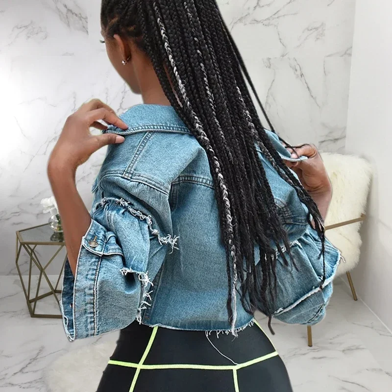 

Sexy Fashion Tassel Denim Jackets Women Hole Long Sleeve Vintage Jean Jacket Denim Loose New Crop Short Denim Coat Streetwear