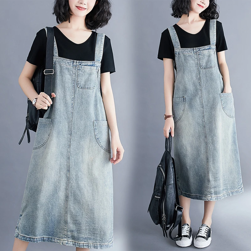 

Loose Straight Straps Denim Dresses For Women Casual Streetwear Big Size Mom Long Dress Vintage Washed jeans Vestidos Mujer