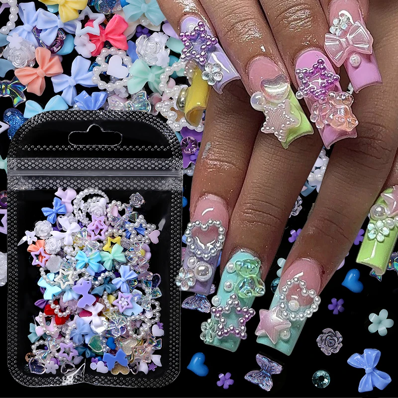 100Pcs Pearl Pink Bowknot Heart Shaped Mixed Nail Decorations Kawaii Nail Art Charms Star Butterfly DIY Nail Accessories 6