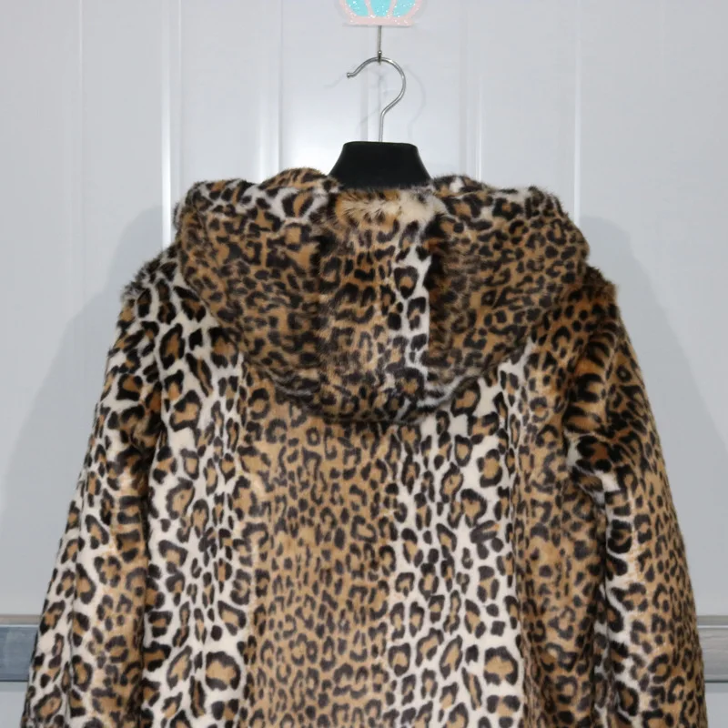 Leopard Faux Fur Coat Long Women New Winter Fluffy Jacket Hooded Mink Coat Female Thickened Fur Plush Coat Warm Long Sleeves