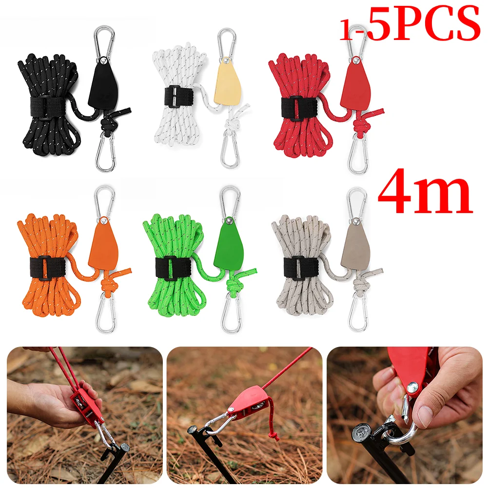 Camping Rope Pulley Tensioner Ratchet Hangers Camping Awning Tent Wind Rope Pulley Hook Supplies 1-5PCS 4M 4MM outdoor tent ropes camping tent accessories