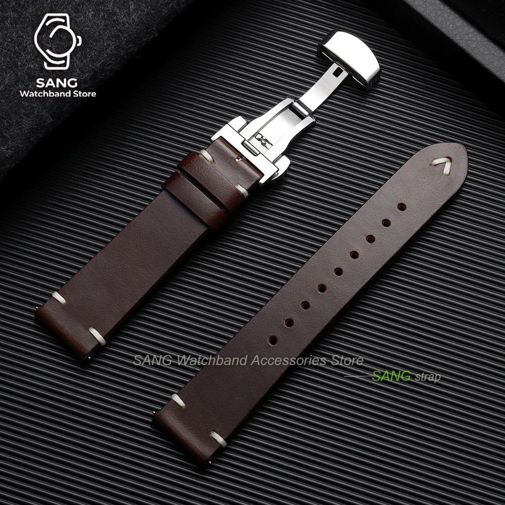 Vintage Cowhide Leather Watch Band with Butterfly Buckle - Quick Release Strap in Brown and Black
