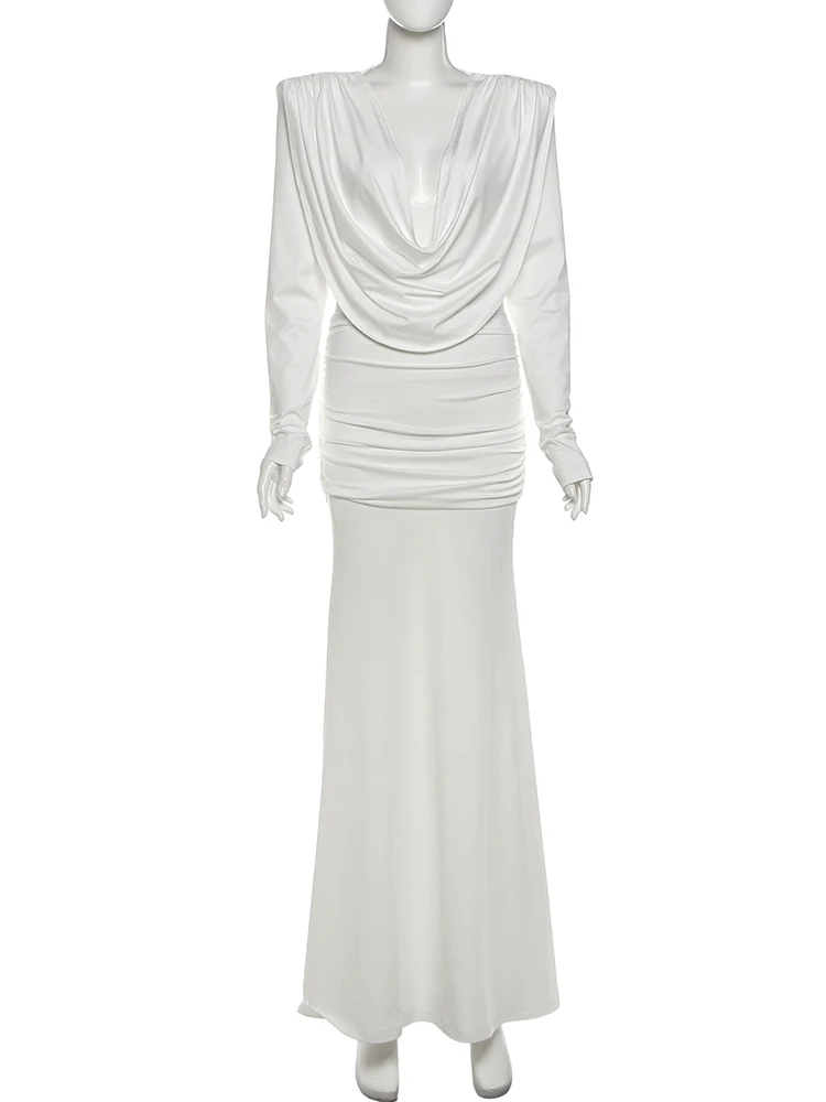 Nibber Peach Buttocks Maxi Dress Swing Collar Backless Long Sleeve Solid Skinny Stretch Elegant Banquet Hipster Chic Vestidos