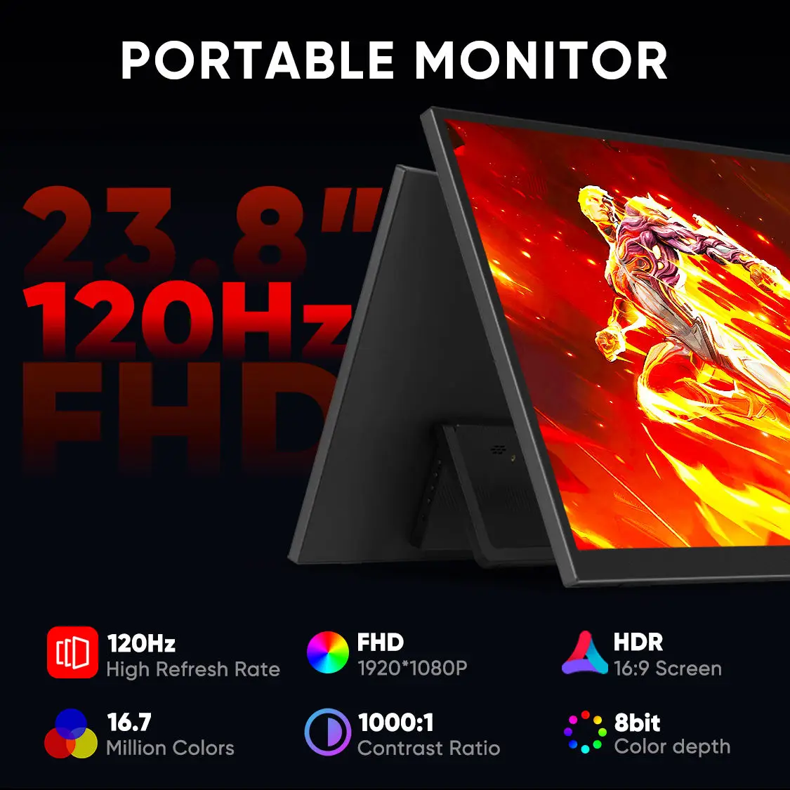 23.8인치 120Hz 휴대용 모니터 FHD 100% sRGB 외장 게이밍 스크린 USB C LS 스탠드 VESA 미니 PC 노트북 확장용 MAC 휴대폰 연결 가능