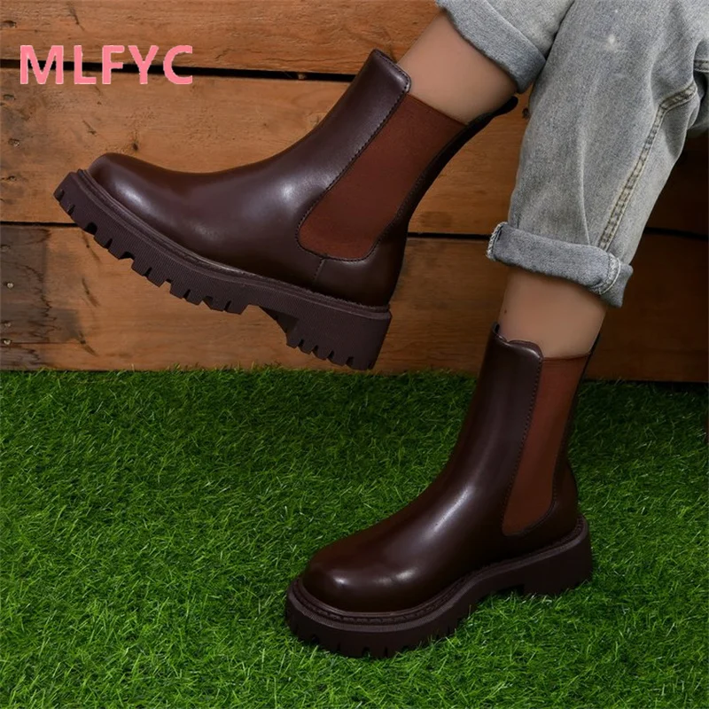 2023 Autumn/Winter New Round Head Mid Sleeve Boots Brown Women's Fashion Boots Fashion Women's Boots Non slip
