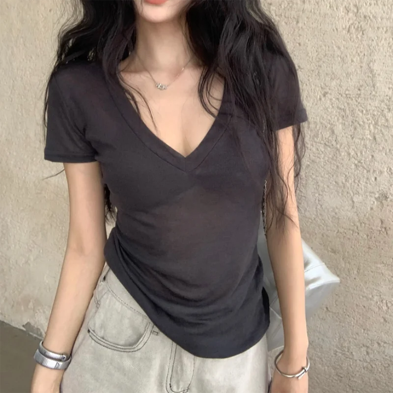 Women Short Sleeves T Shirt See Through Summer Solid Slim Casual Shirts Female Pullovers Basic Tee Y2k Clothes Streetwear Top 4
