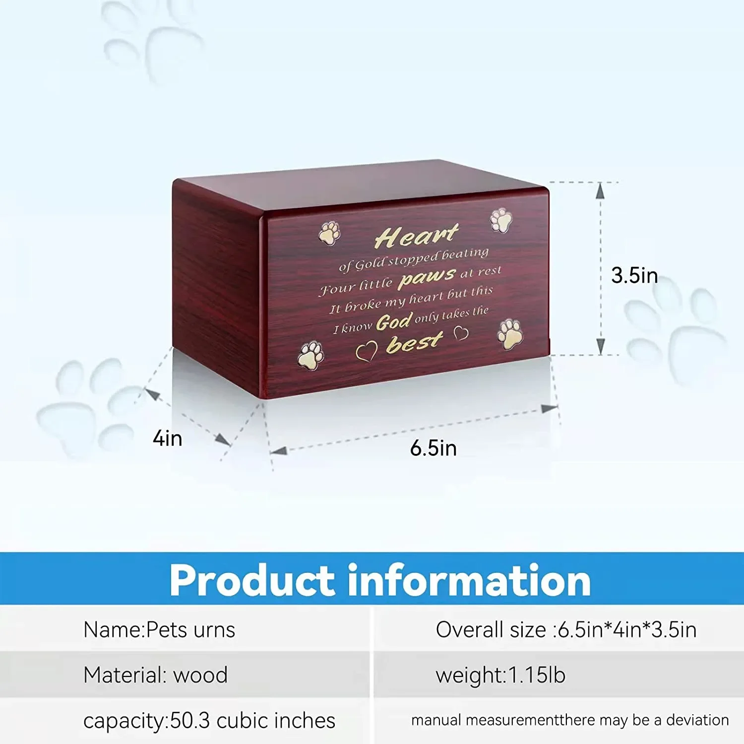 Wood Pet Cremation Box Pet Urns Small Dog Cremation Box for Ashes for Cat or Dog Urns Ashes Keepsake Memorial