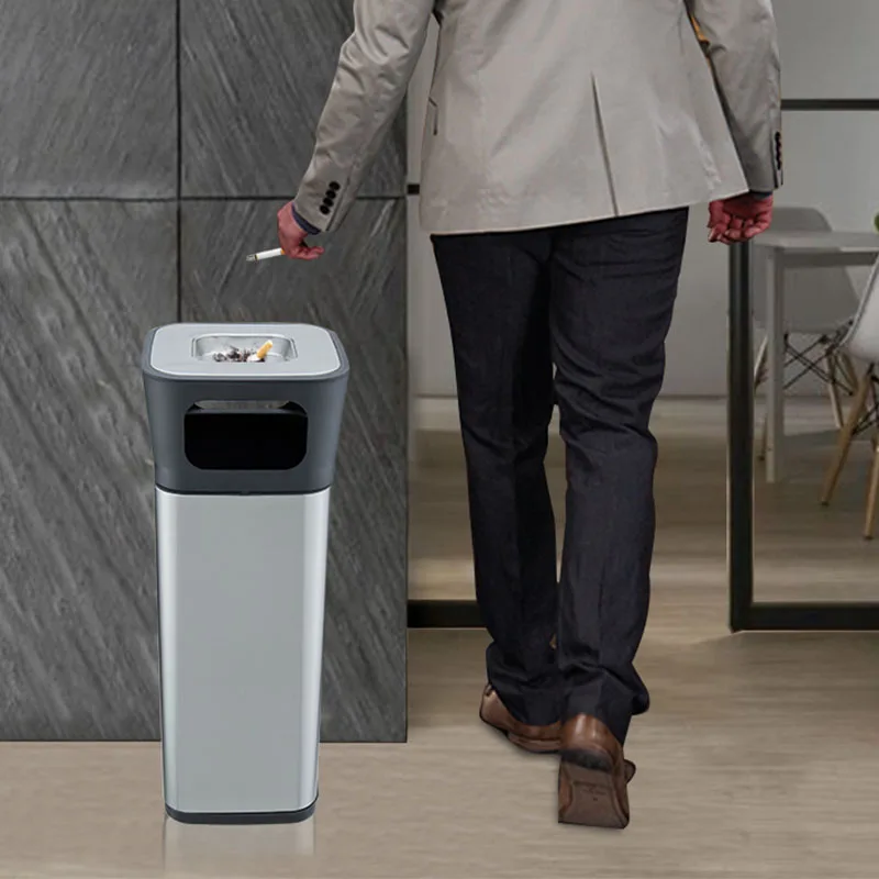 

Stainless Steel Trash Can for Hotel Lobby Office Shopping Mall Dustbin with Ash Tray Vertical Barrel Large Capacity Wastebasket