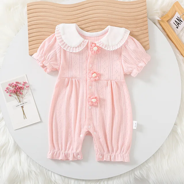 2025 Summer Newborn Baby Girl  Pink Thin Short-Sleeve Romper Princess Style Cute Pure Cotton Baby Girl Clothes 1