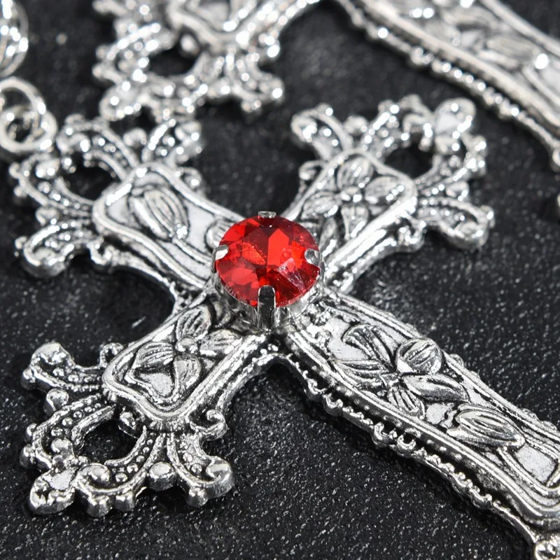 Gothic Black Red Ruby Cross Pendant Necklace for Women Vintage European and American Retro Simple Choker Fashion Jewelry Gifts