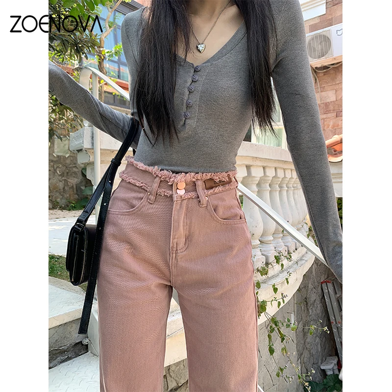 ZOENOVA Y2K 더블 단추 로우 엣지 청바지, 여성용 와이드 레그 팬츠, 핑크 작은 스트레이트 데님 바지, 2024 미국 패션