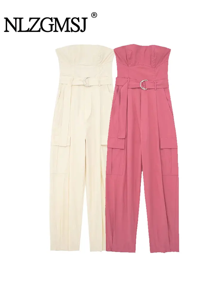 

Nlzgmsj 2023 Y2K Woman Pocket Work Style Long Jumpsuits Sleeveless With Belt Vintage Causal Spring Summer Slim Playsuit Tops
