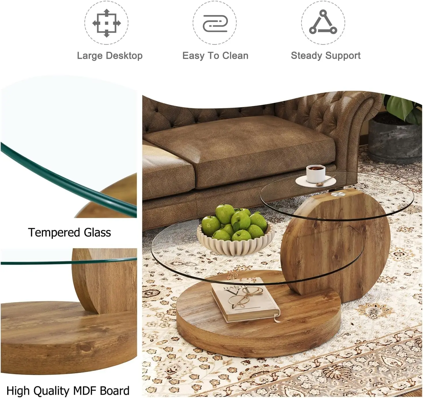 Glass Coffee Table,Modern Round Tempered Glass Coffee Tables for Living Room,3-Tier Circle Wood Coffee Table with Cocktail Table 4