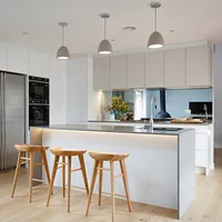 โมเดิร์นไม้สแตนเลส Beige Taverntine เคาน์เตอร์และ PAN Organizer ฐานลามิเนตบุฟเฟ่ต์ Island ตู้ครัวตู้ 5