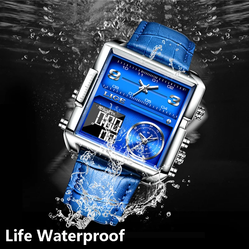 FOXBOX Fashion Man Quartz WristWatch Brand LIGE Dual Display leather belt Watches Luminous Waterproof Chronograph Sports Watch