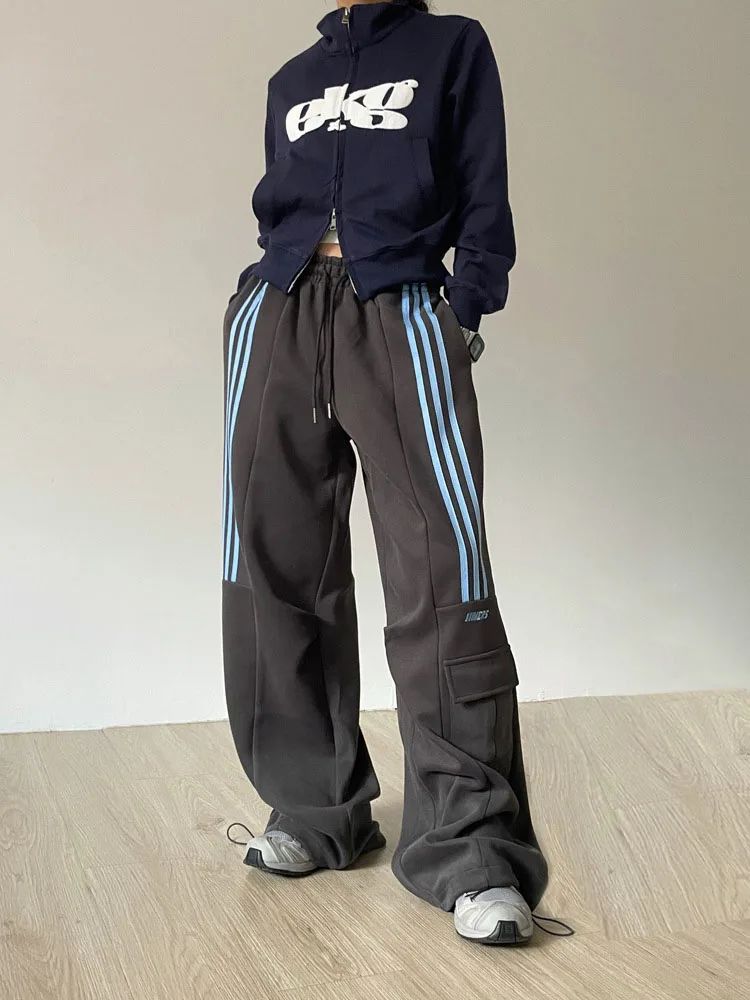 QWEEK Y2k Stripe Sweatpants Women Hip Hop High Waist Vintage Loose Wide Leg Pants Streetwear Elastic Casual Black Oversize Pants