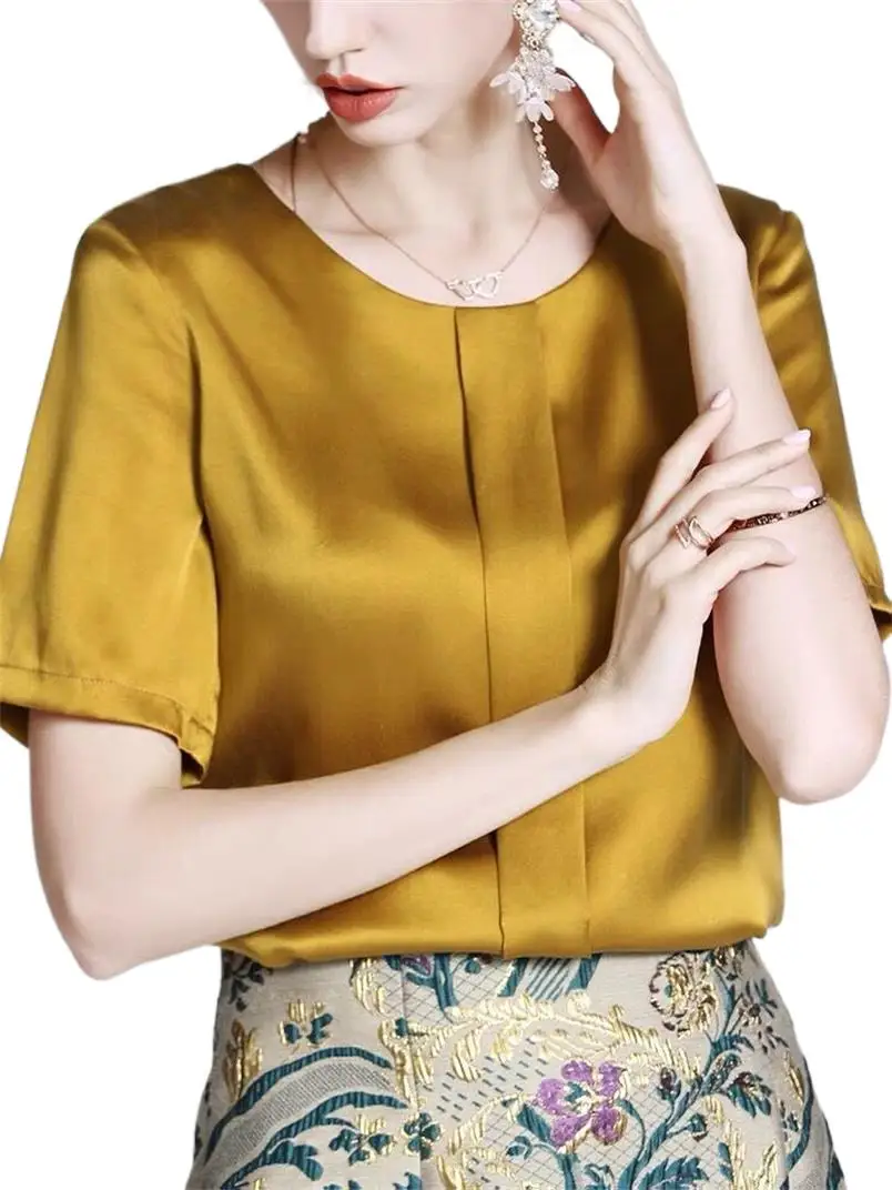 

Vintage O-Neck Short Sleeve Woman T-Shirt Summer 2024 French Style Chic Satin Tops Elegant Blouse Simple All Match Blusa Mujer