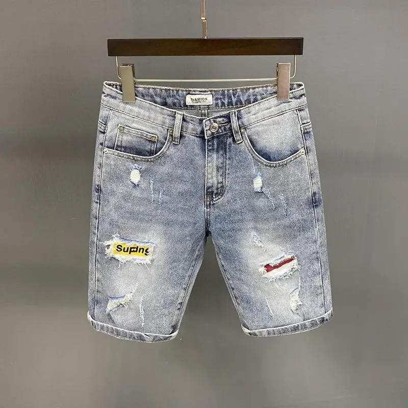 Summer Fashion Men Shorts Knee Length Casual Jeans for Summer Korean Style Straight Distressed Designer Ripped Holes Short Jeans