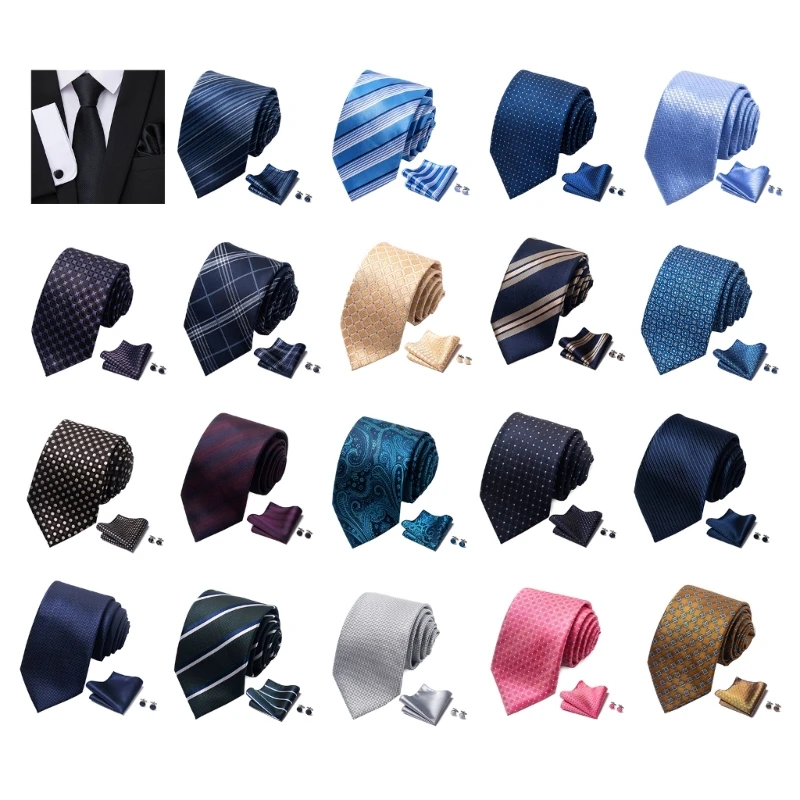 

Business Formal Meeting Suit Accessories Necktie Set with Silk Scarf Cufflinks