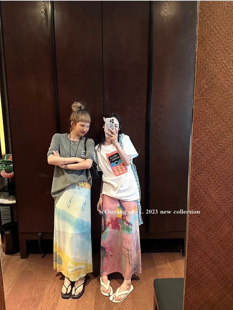 2025 Spring Autumn New Printed Half Length Skirt for Women's Summer High Waist Tulle Long Skirt Woman Split Straight Skirt