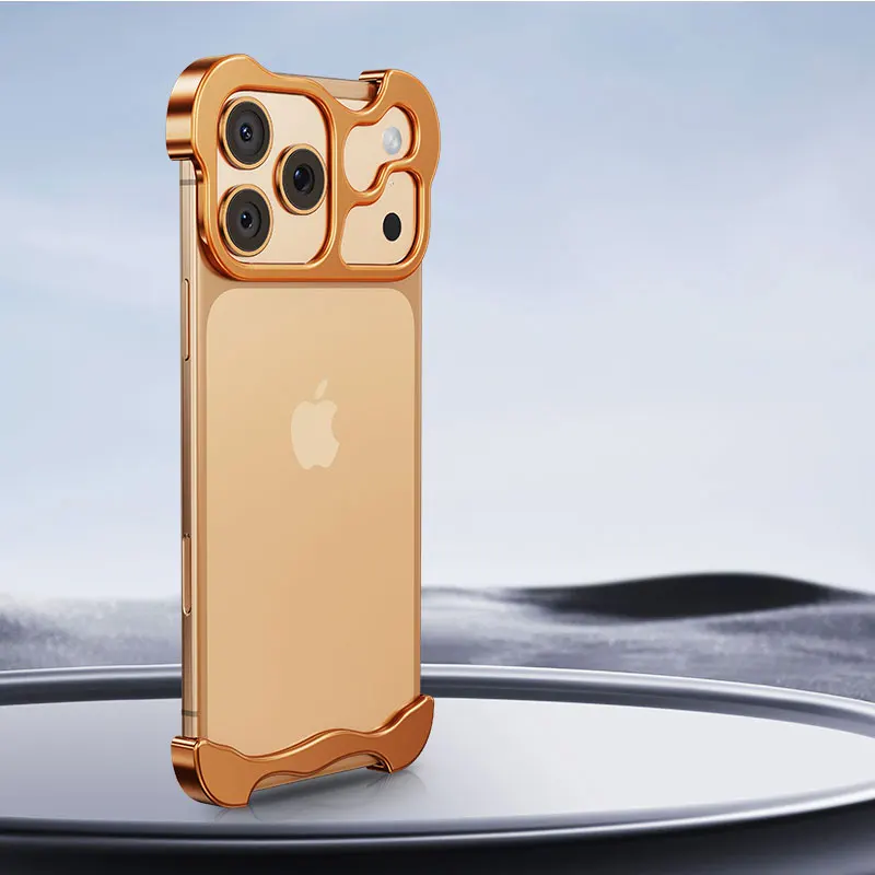 Irregular Metal Bumper Shockproof Phone Case with Lens Film Protection, Bare Aluminum Alloy Cover