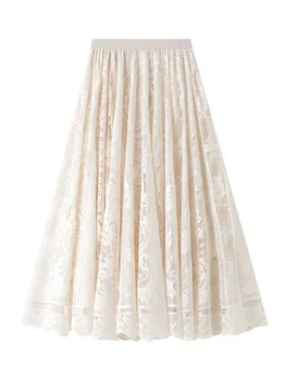 Spring Summer Women Lace Skirts Solid High Waist Elastic Vintage Elegant Office Ladies White Black Chic Long Skirts Jupe Longue 1