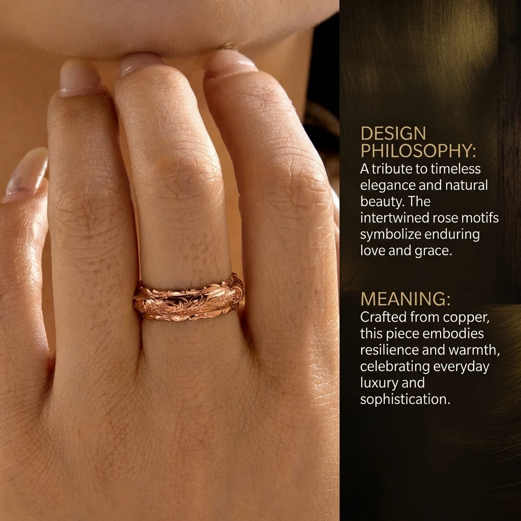 Vintage Gravierter Rosen-Blumenranken-Ring für Damen Kupfer Minimalistischer Alltagsring Stapelbar Botanischer Antiker Schmuck Geschenke – Detail 1