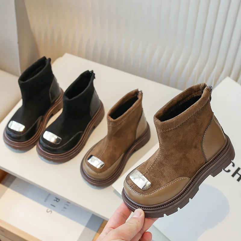 

Новые зимние ботинки для детей, модные кожаные повседневные универсальные детские ботильоны в стиле пэчворк, Детские хлопковые ботинки на молнии для девочек