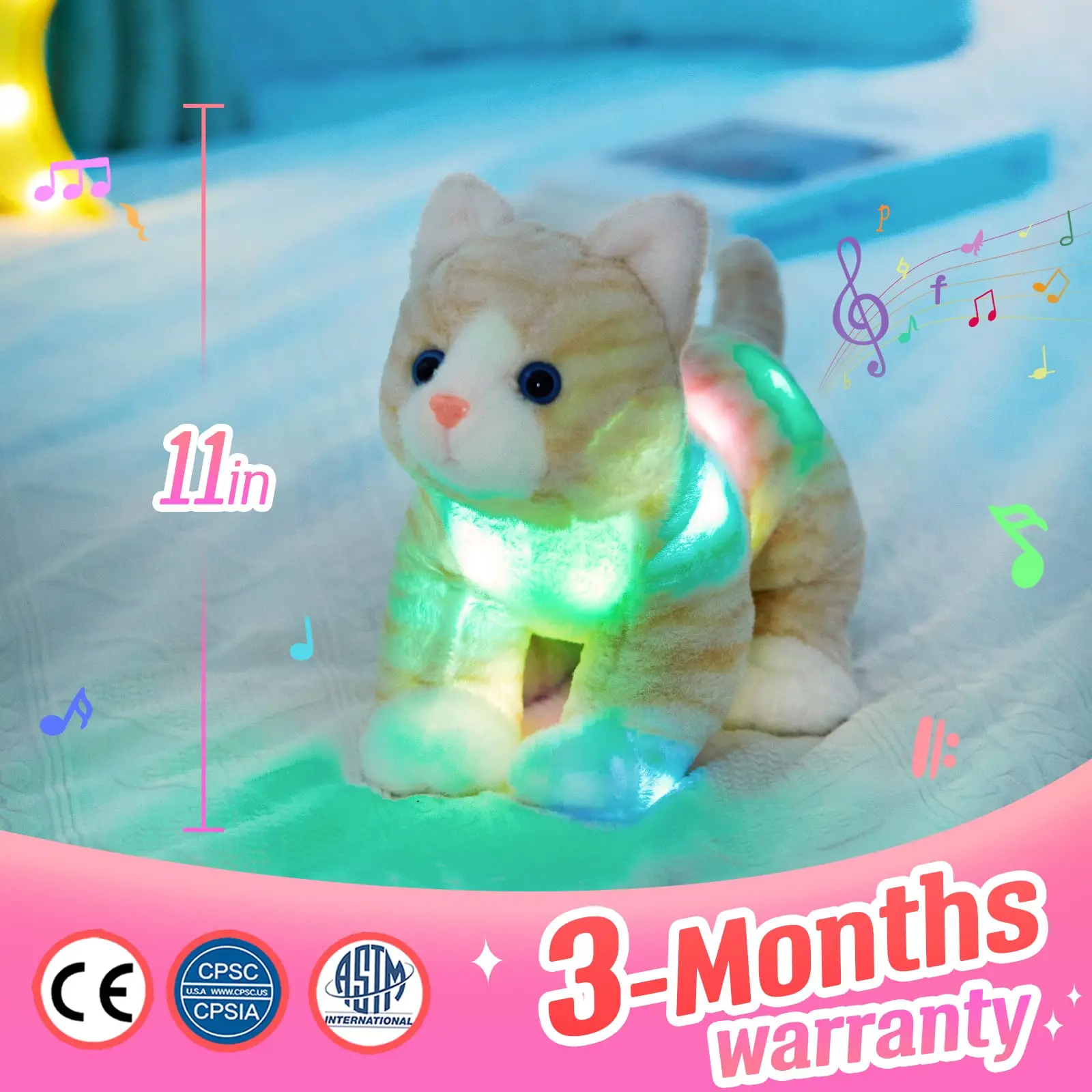 Plush Toy Cute Kawaii Doll 35cm Throw Pillows Kitty Cat Musical LED Stuffed Animals Gift for Girls Kids