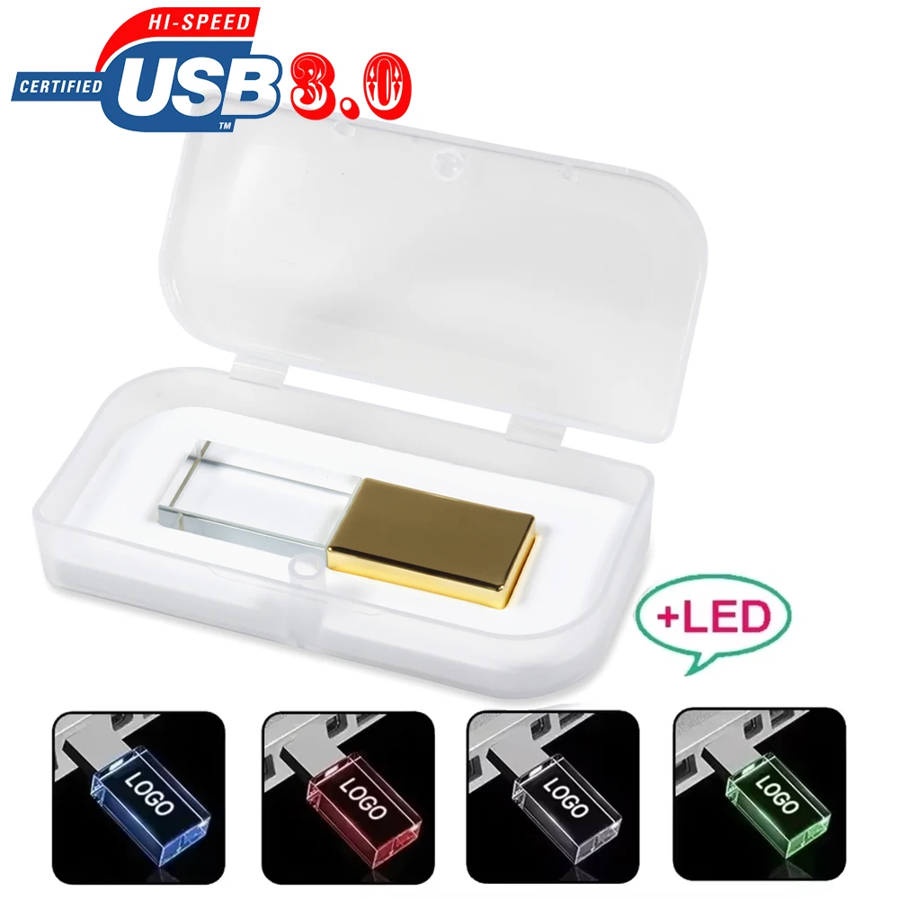 LED 라이트 크리스탈 고속 USB3.0 플래시 드라이브 128GB 무료 맞춤 로고 메모리 스틱 투명 박스 웨딩 선물 8GB U 디스크