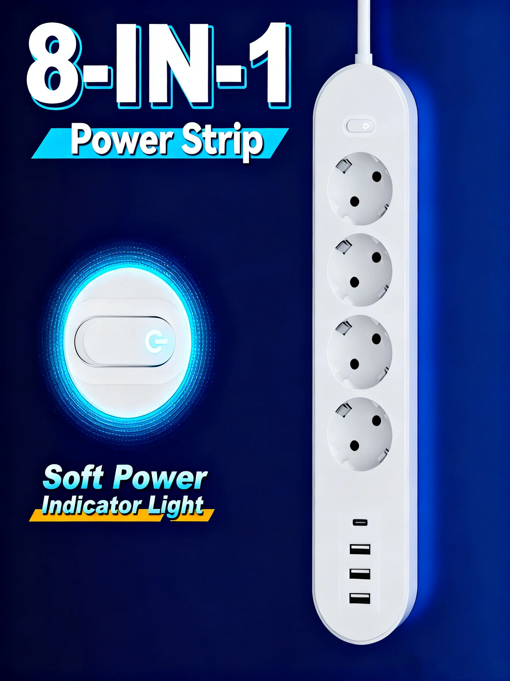 1 High-End 8-in-1 Power Strip with Overload Protection, One Master Switch, 4 Ac Outlet S170ea55896034cc0bdc196837a7176b6E