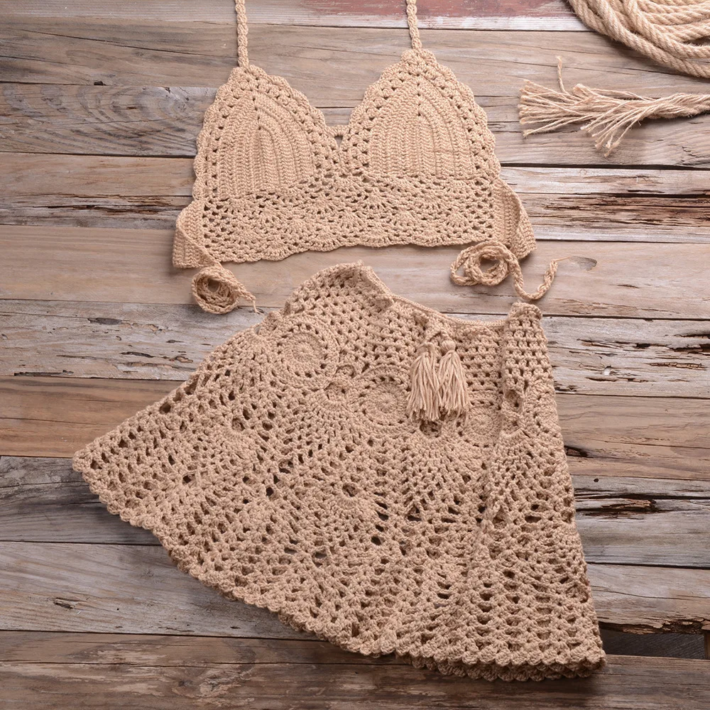 Mulheres 2 Peça Outfit Set Boho Oco-Out Crochet Knit Halter Bras Top e  Assimétrico Borla Mini Saia Praia Cover Up - AliExpress