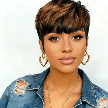 150% density pixie wig 6inch brown/99j/natural black color pixie cut machine made wig for women pixie straight human hair wig 1