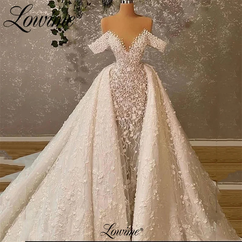 

Lowime Pearl Dresses For Women Party Wedding Evening 2023 Couture Lace Prom Dress Robes De Soirée Arabic Beading Celebrity Dress