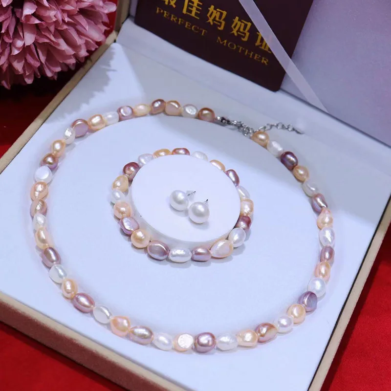 

natural 8-9mm white & mixed color Baroque pearl necklace bracelet earrings jewelry set