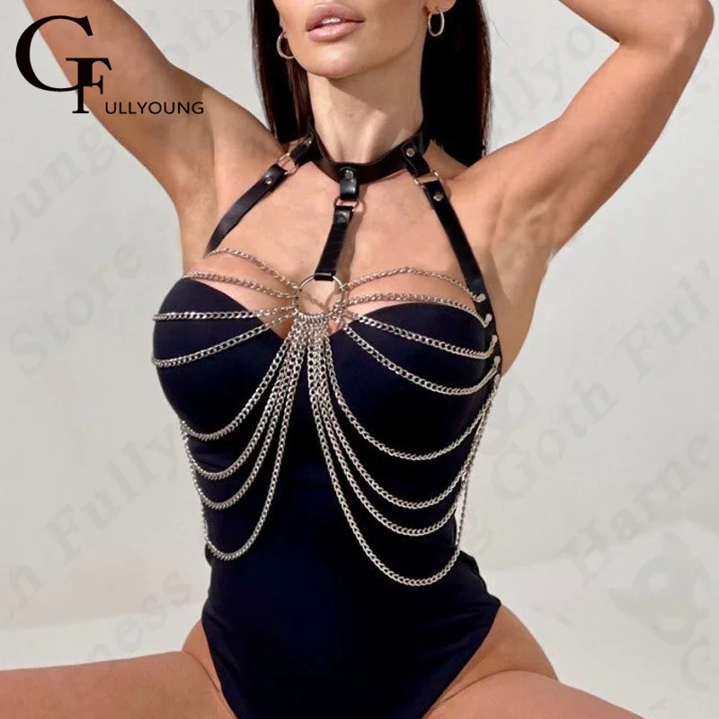 

Leather Harness Women Sexy Tops Cage Bra Bondage Fetish Underwear Chain Exotic Lingerie Chest Harness Belt For Stockings