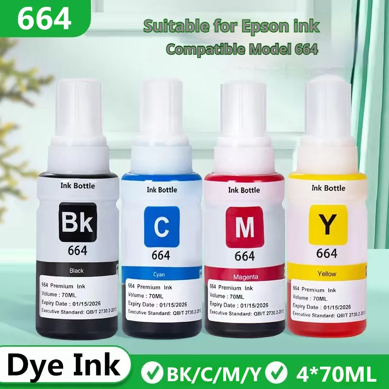664 Refill dye ink 4*70ML Premium Refill Ink for Epson 664 T6641 T6642 T6643 T6644 L495 L550 L555 L565 L566 L575 L1300 L396 dye ink kit,ink refill kit,ink cartridge refill kit,dye ink refill,inkjet printer ink
