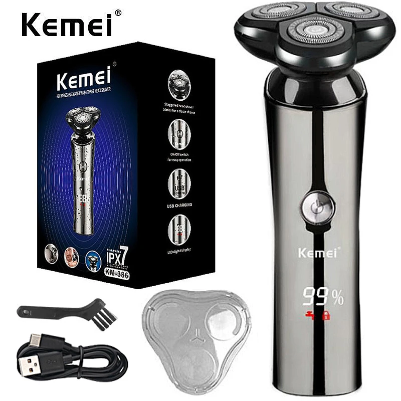 

Kemei 3 Blades Electric Shaver Men Rechargeable Rotary Floating Razor Beard Hair Trimmer LCD Display Shaving Machine Wet and Dry
