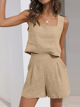 Womens Summer 2 Piece Outfits Lounge Matching Sets Two Piece Linen Shorts Crop Tops 2023 Trendy Clothes Vacation Set 7 Colors 1