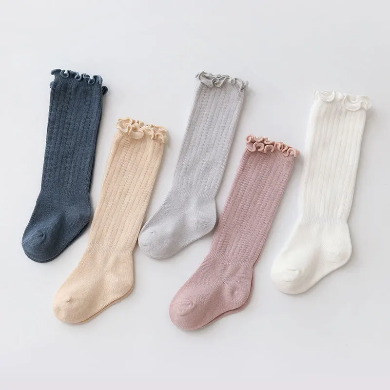 남아 여아 무릎 높이  양말, 프릴 단색 면 긴 양말,   여름 어린이 프릴 양말, 귀여운 양말, 3 켤레/로트