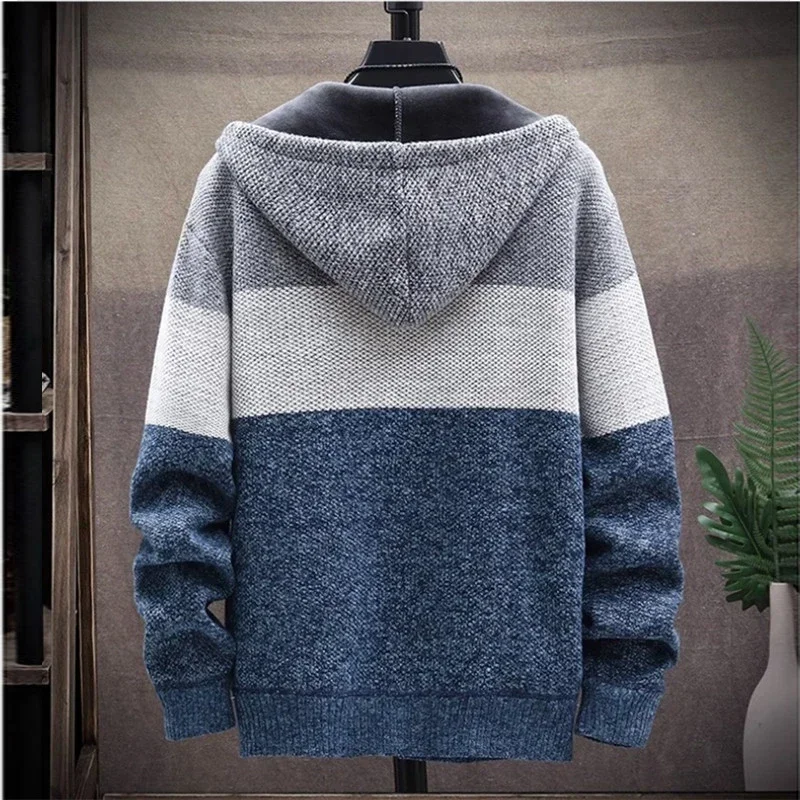 2024 Autumn Winter Fleece Hooded Sweatercoat Striped Knitted Cardigan Men Warm Casual Sweater Jackets Thick Knit Windbreaker Man
