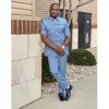 Men's Suits Blue Short Sleeve Summer Stand Lapel Single Breasted Daily Outfits Beach Full Set 2 Piece Jacket Pants Set Blazer 1