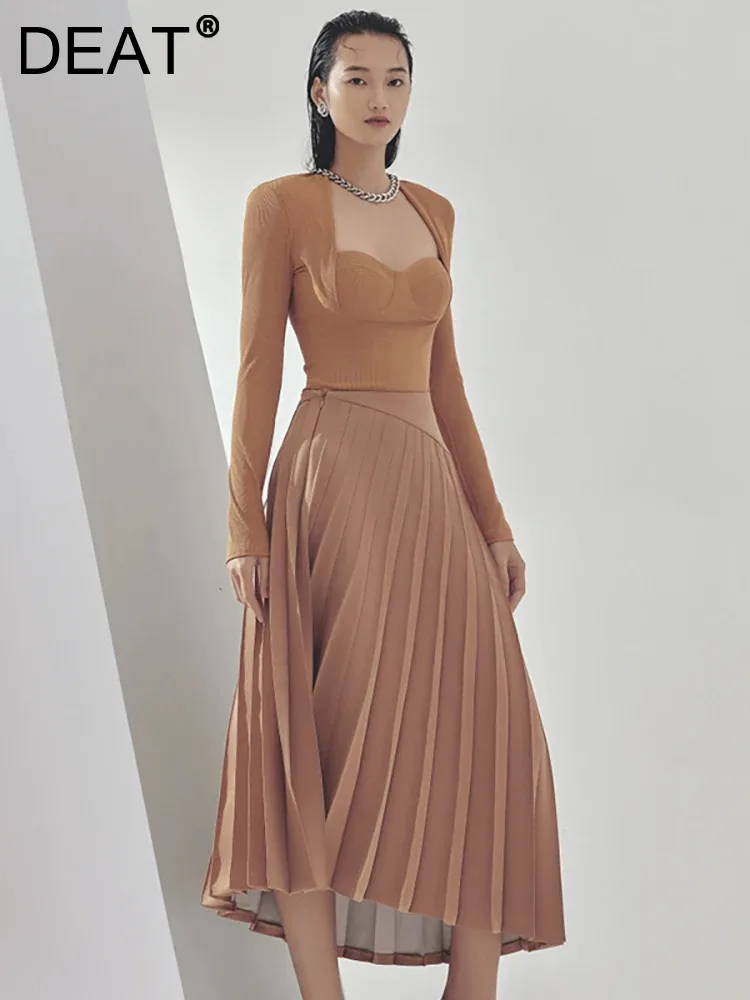 

DEAT 2 Pcs Set Knitted Slim Cheat Wrapping Tops Pleated High Waist Irregular Skirt Women's Suit Spring 2024 New Fashion 13DB3399