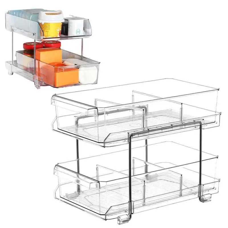 

Sliding Cabinet Basket Two Tier Pull Out Organizer With Drawer Multi-Purpose Slide-Out Storage Container With Dividers Kitchen